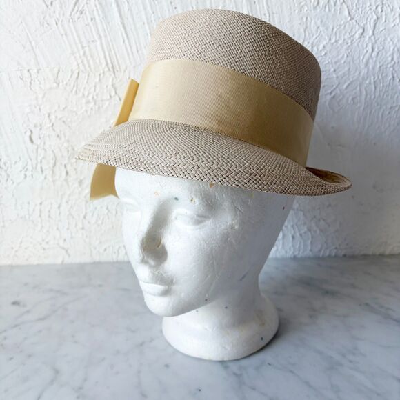 Genuine Panama Straw Hat Cloche Wide Brim Cream Grosgrain Ribbon Bow Vintage main image 6